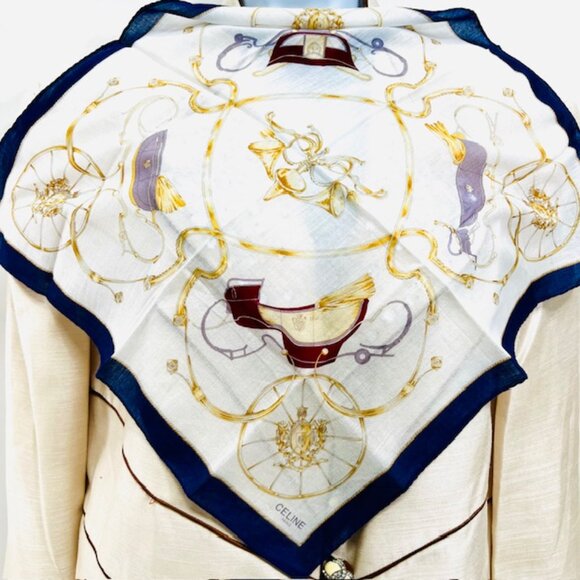 Unused Celine Paris Mini Scarf/Handkerchief Cotton 18 white chariot blue trim(59 - Picture 2 of 7